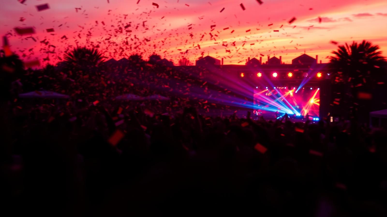 Festival al atardecer con luces y confeti